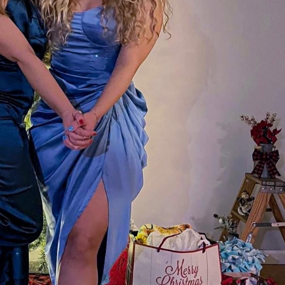 Satin blue dress with drape side detail - Picture 3 of 4
